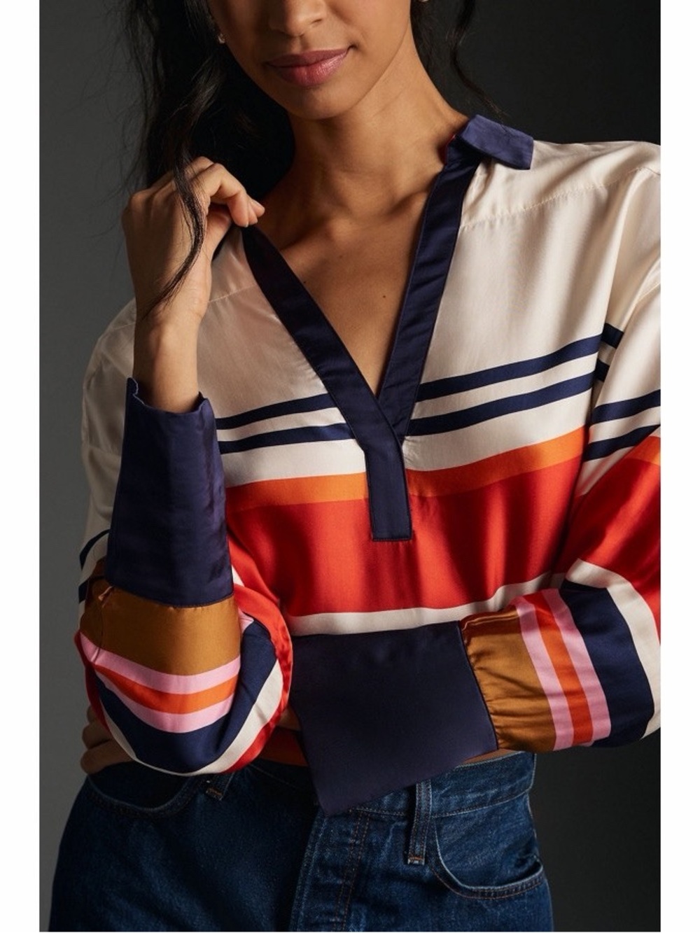 Anthropologie Maeve Silky Collared Popover Blouse in White & Orange Stripe
